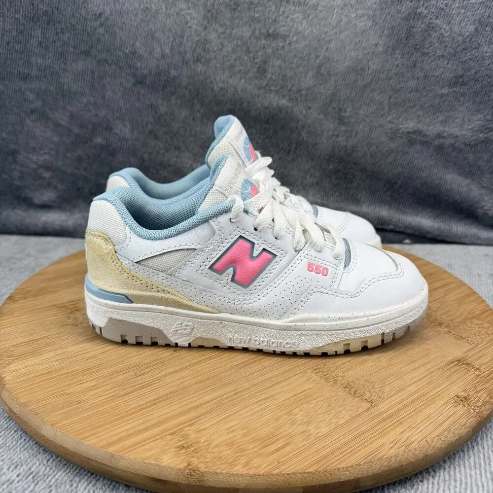 New Balance 550 Shoes Girls Size 13.5 White Pink Leather Sneakers PSB550EP